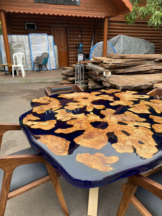 Olive Wood Epoxy Table, Custom 62” Diameter Round Irregular Round Olive Wood Table, Sapphire Blue Epoxy Dining Table, Order for Kimberly L