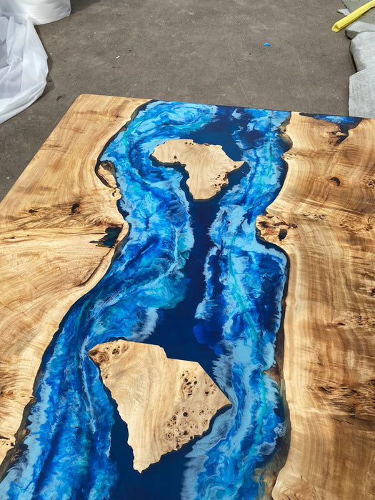 Live Edge Table, Custom 72” x 36” Poplar Wood Blue, Turquoise and White Waves Epoxy Dining Table, Lake, Africa, N/S Carolina for Carmelita