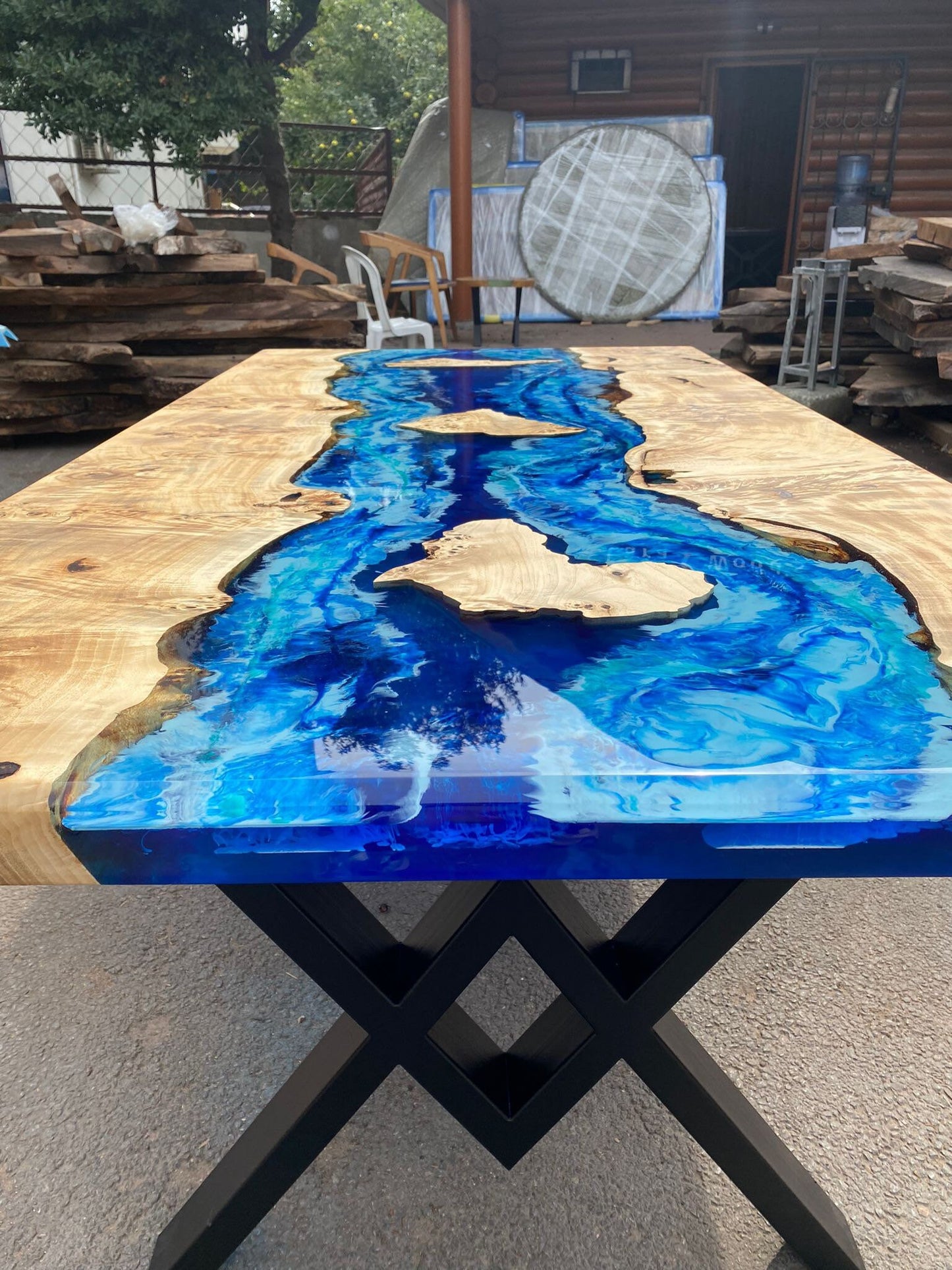 Live Edge Table, Custom 72” x 36” Poplar Wood Blue, Turquoise and White Waves Epoxy Dining Table, Lake, Africa, N/S Carolina for Carmelita