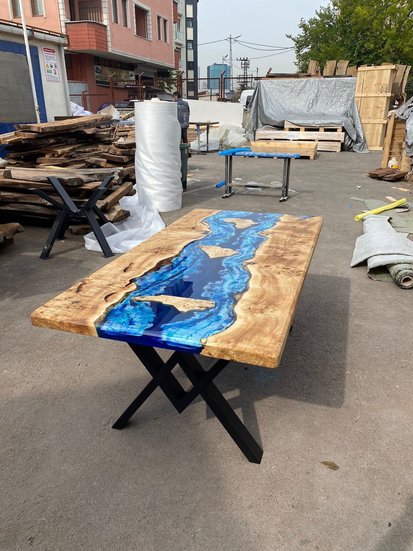 Live Edge Table, Custom 72” x 36” Poplar Wood Blue, Turquoise and White Waves Epoxy Dining Table, Lake, Africa, N/S Carolina for Carmelita