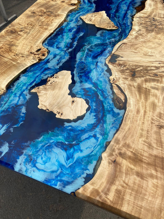 Live Edge Table, Custom 72” x 36” Poplar Wood Blue, Turquoise and White Waves Epoxy Dining Table, Lake, Africa, N/S Carolina for Carmelita