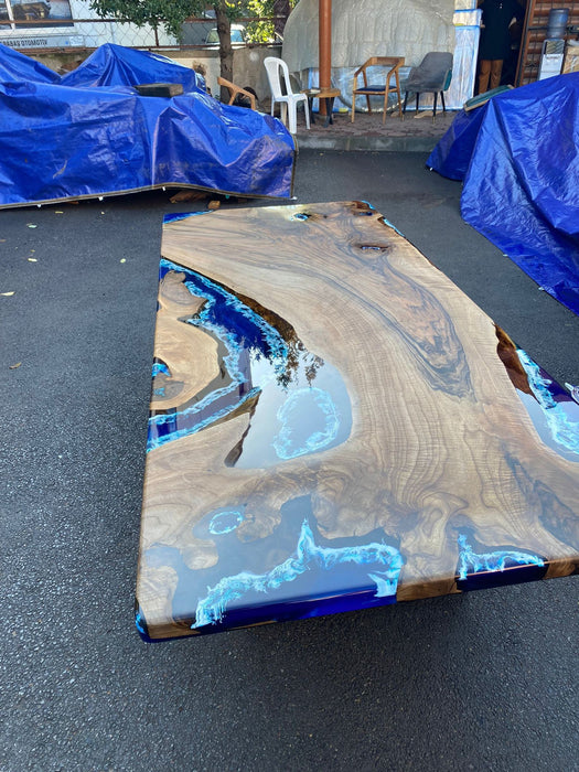 Walnut Dining Table, Custom 96” x 42” Walnut Ocean Blue, White Epoxy Table, Epoxy River Dining Table, River Table, Custom Order for Nicole S