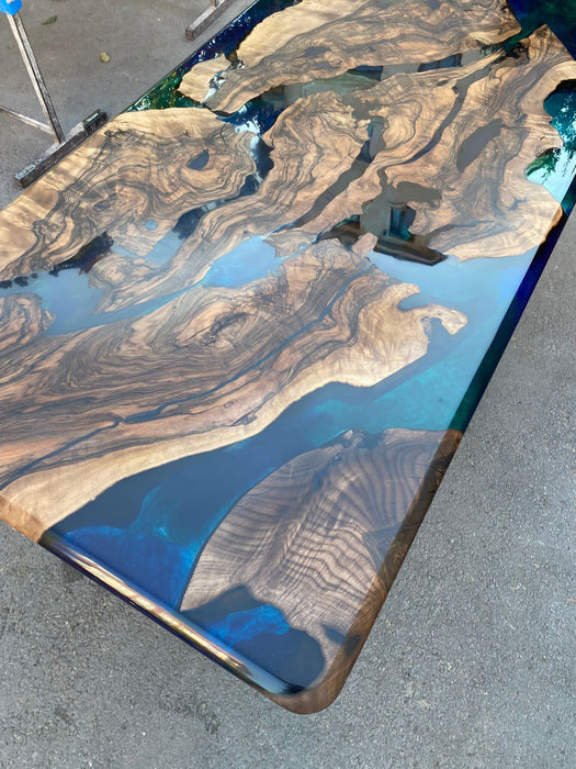 Epoxy Dining Table, Custom 80” x 36” Walnut Blue, Turquoise, Green Table, Live Edge Table, Epoxy Dining Table, River Table, for Anthony P