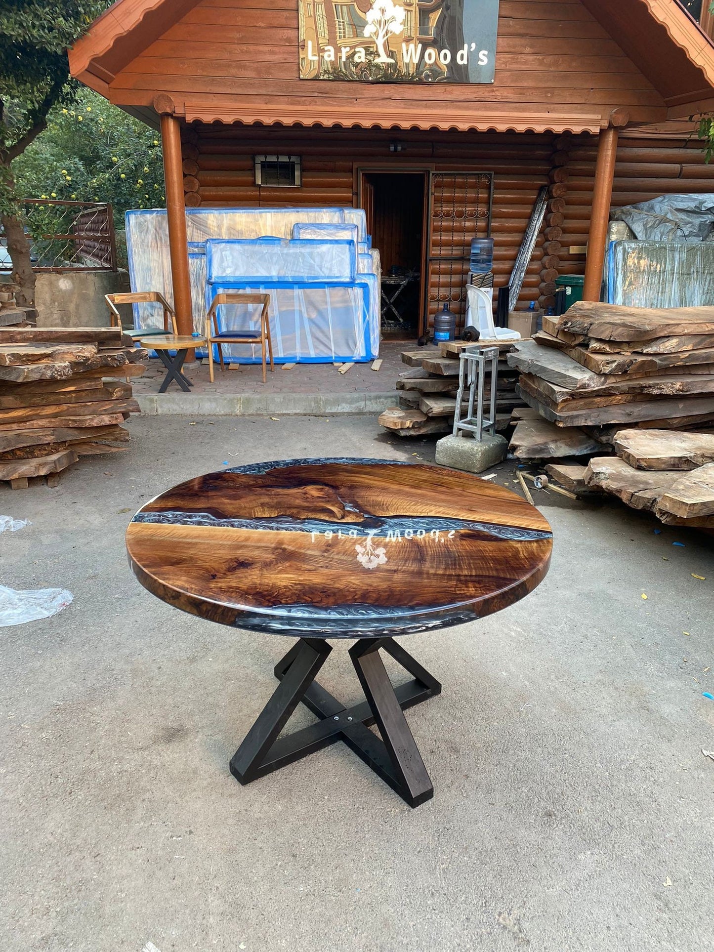 Unique Coffee Table, Handmade Coffee Table, Custom 50” Diameter Round Table, Walnut Wood Shiny Metallic Gray Epoxy Table, Order for Danica