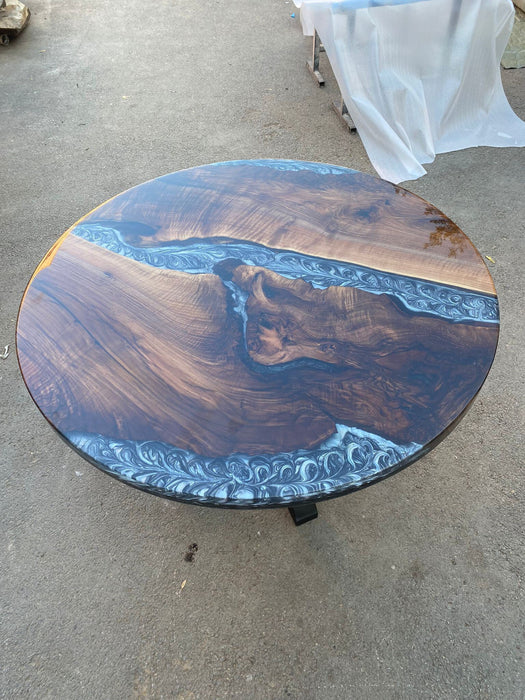 Unique Coffee Table, Handmade Coffee Table, Custom 50” Diameter Round Table, Walnut Wood Shiny Metallic Gray Epoxy Table, Order for Danica