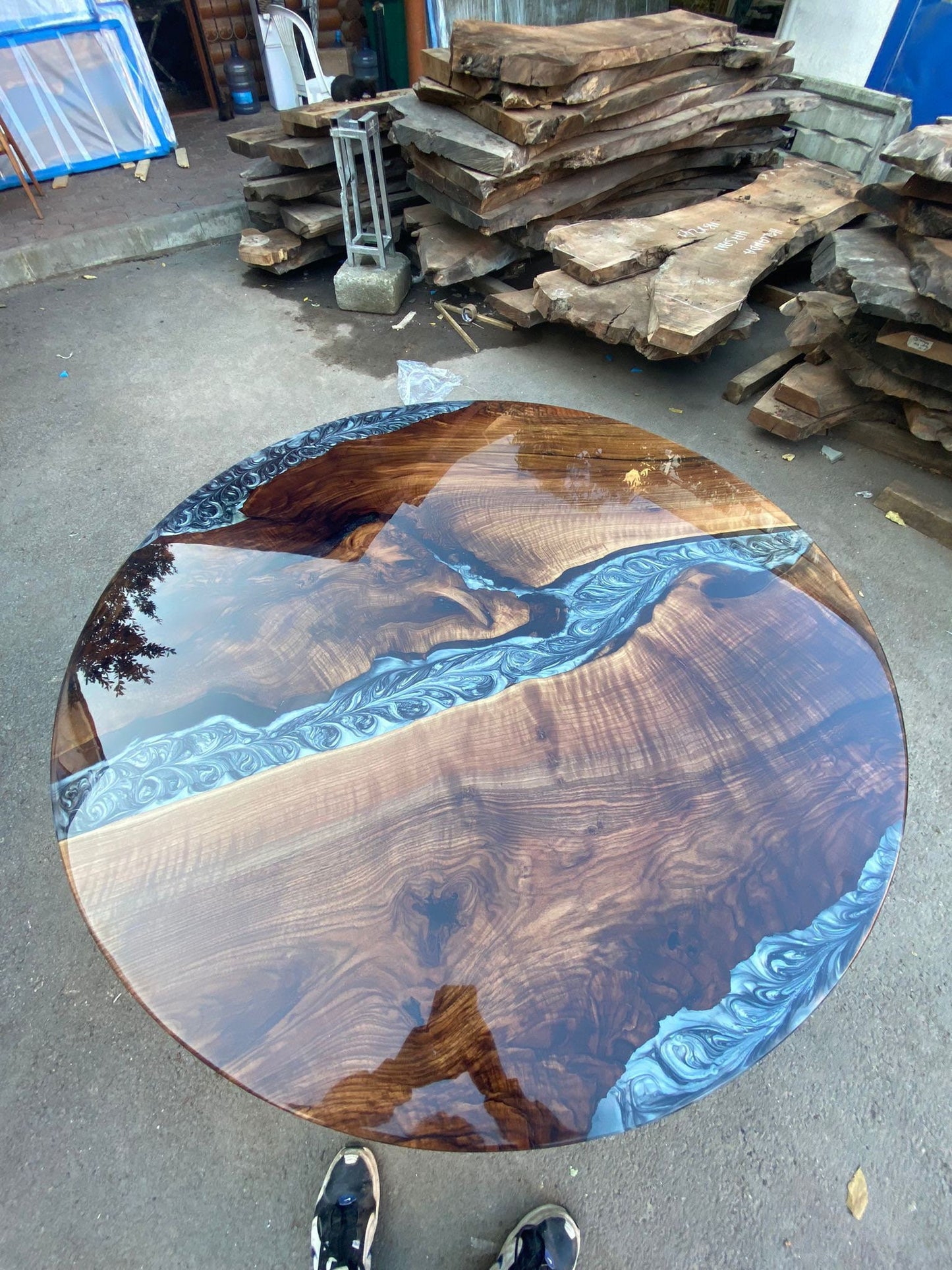 Unique Coffee Table, Handmade Coffee Table, Custom 50” Diameter Round Table, Walnut Wood Shiny Metallic Gray Epoxy Table, Order for Danica