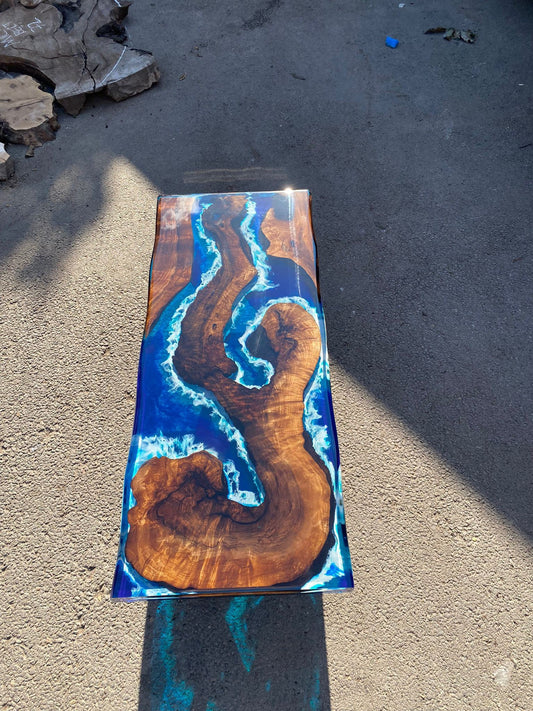 Live Edge Table, Custom 42” x 16” Walnut Ocean Blue, Turquoise White Waves Epoxy Shiny Lake River Table, Live Edge Table Order for Kristin