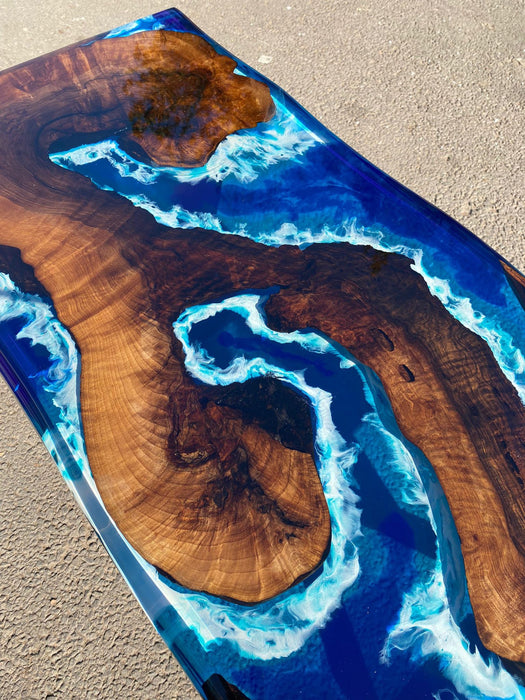 Live Edge Table, Custom 45” x 35” Walnut Ocean Blue, Turquoise White Waves Epoxy Table, Epoxy River Table, Live Edge Table Order for Alan