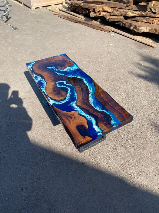 Live Edge Table, Custom 42” x 16” Walnut Ocean Blue, Turquoise White Waves Epoxy Table, Epoxy River Table, Live Edge Table Order for Kristin