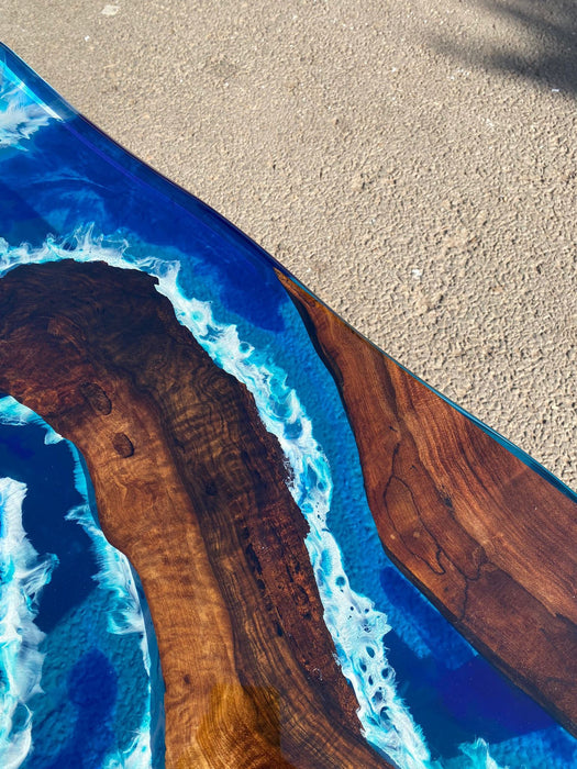 Live Edge Table, Custom 42” x 16” Walnut Ocean Blue, Turquoise White Waves Epoxy Shiny Lake River Table, Live Edge Table Order for Kristin