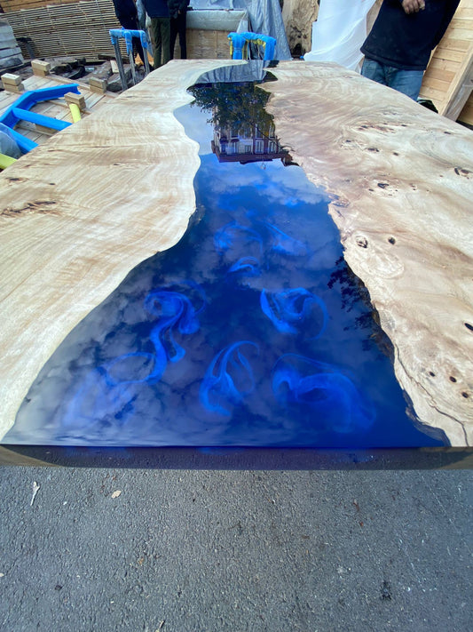 Live Edge Table, Handmade Epoxy Table, Blue Epoxy Table, Custom 54” x 24” Poplar Blue Epoxy Table, Custom Table Order for Maureen