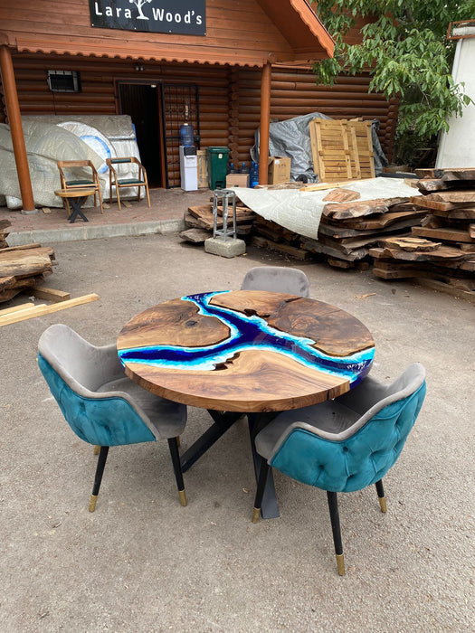 Round Dining Table, Custom 48”Diameter Round Table, Walnut Wood Ocean Blue with Waves Table, Epoxy Dining Table, Wooden Table, for Mahesh