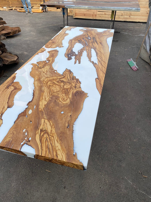 Custom 94"x 32" Olive Wood White Epoxy Table, Olive Wood Table, River Table, Epoxy Resin Table for Melanie