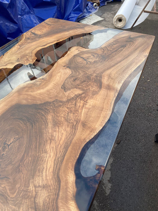 Epoxy Table, Epoxy Dining Table, Walnut Epoxy River Table, Custom 82” x 42” Walnut Smokey Gray Epoxy River Table and Bench, Order for Peggy