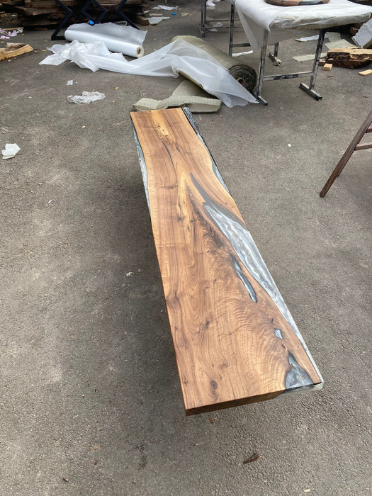 Clear Epoxy Table, River Table, Live Edge Table, Custom 86” x 17” Walnut Wood Gray Table, Marble Effect Epoxy Bench for Korrine 3
