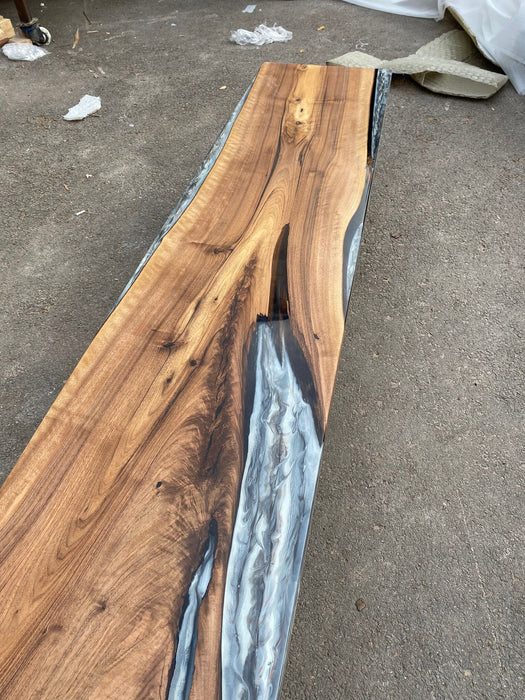 Clear Epoxy Table, River Table, Live Edge Table, Custom 86” x 17” Walnut Wood Gray Table, Marble Effect Epoxy Bench for Korrine 3