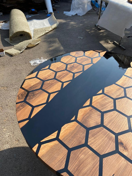 Custom 48” Diameter Round Table, Walnut Black Epoxy Table, Hexagon Honeycomb Table for Jodi 2