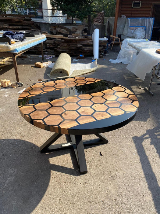 Custom 48” Diameter Round Table, Walnut Black Epoxy Table, Hexagon Honeycomb Table for Jodi 2