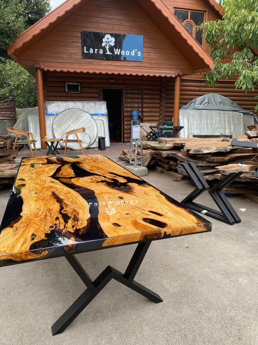 Olive Wood Epoxy Table, Custom 106” x 44” Shiny Black Epoxy Table, Epoxy Resin Table, Live Edge Table for Gina