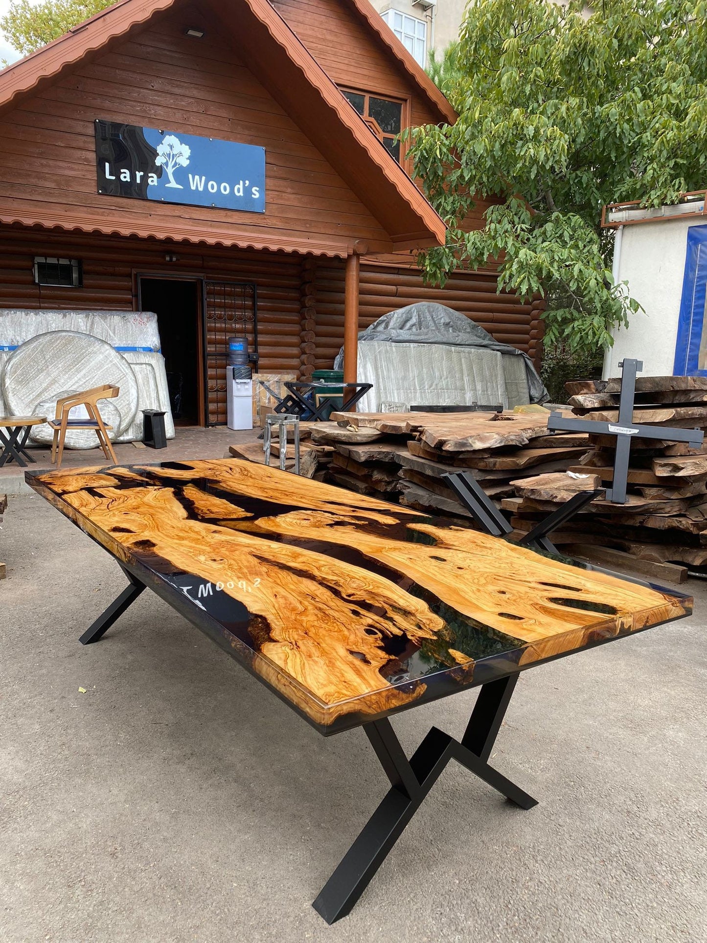 Olive Wood Epoxy Table, Custom 106” x 44” Shiny Black Epoxy Table, Epoxy Resin Table, Live Edge Table for Gina