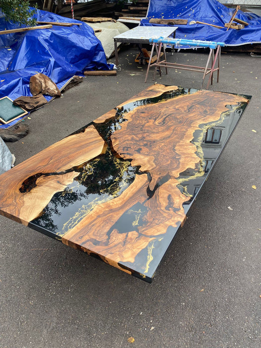 Custom 108” x 48" Walnut Wood Black and Gold Epoxy Table, Walnut Black Table, Epoxy Resin Table, River Table, Made to Order for Stella 2