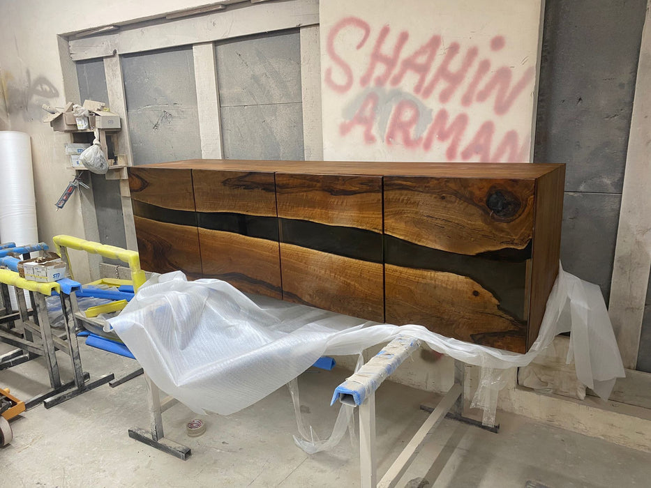 Clear Epoxy Resin Table, Custom 86”L x 20”D x 28”-36”H Walnut Credenza, Wood Smokey Gray Epoxy Resin Credenza, Walnut Epoxy Credenza