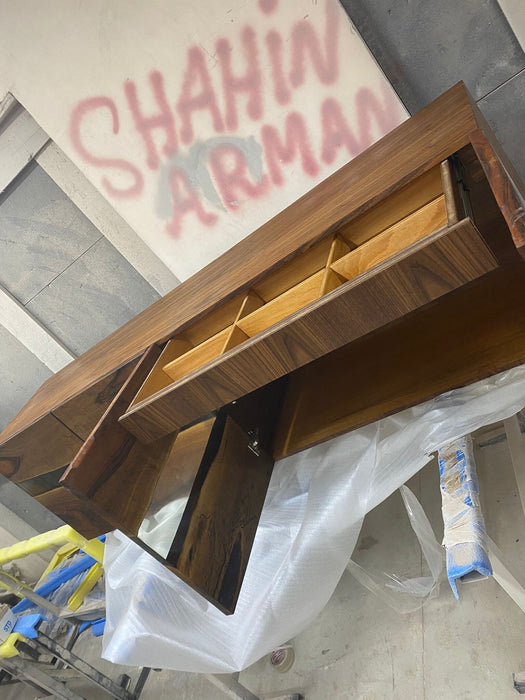 Clear Epoxy Resin Table, Custom 86”L x 20”D x 28”-36”H Walnut Credenza, Wood Smokey Gray Epoxy Resin Credenza, Walnut Epoxy Credenza