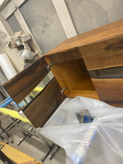 Clear Epoxy Resin Table, Custom 86”L x 20”D x 28”-36”H Walnut Credenza, Wood Smokey Gray Epoxy Resin Credenza, Walnut Epoxy Credenza