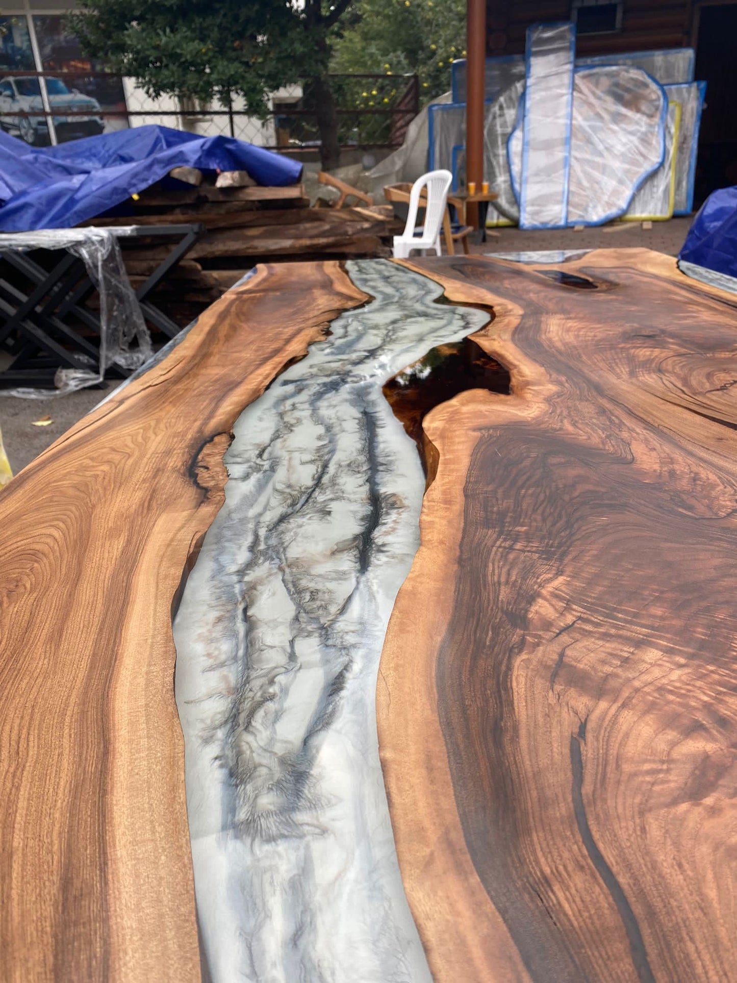 Epoxy Marble Table, Live Edge Table, Custom 96” x 42” Walnut Wood Gray Table, Marble Affect Epoxy Table, River Table, Custom for Sarah 2