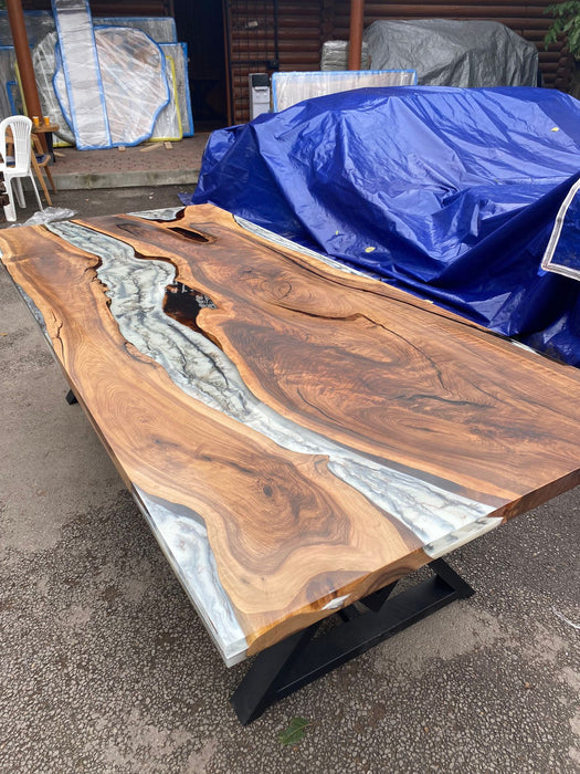 Epoxy Marble Table, Live Edge Table, Custom 96” x 42” Walnut Wood Gray Table, Marble Affect Epoxy Table, River Table, Custom for Sarah 2