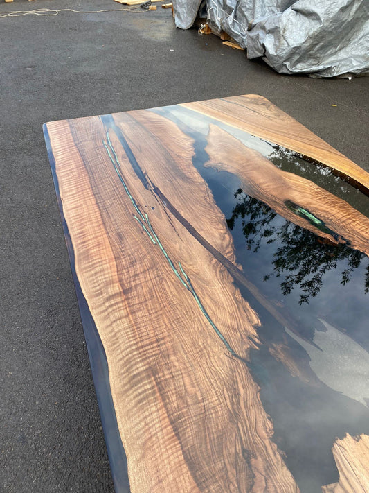 Live Edge Table, River Table, Custom 70” x 36” Walnut Smokey Gray Table, Epoxy River Phosphorus Glowing Table, Custom Order for Nicole G