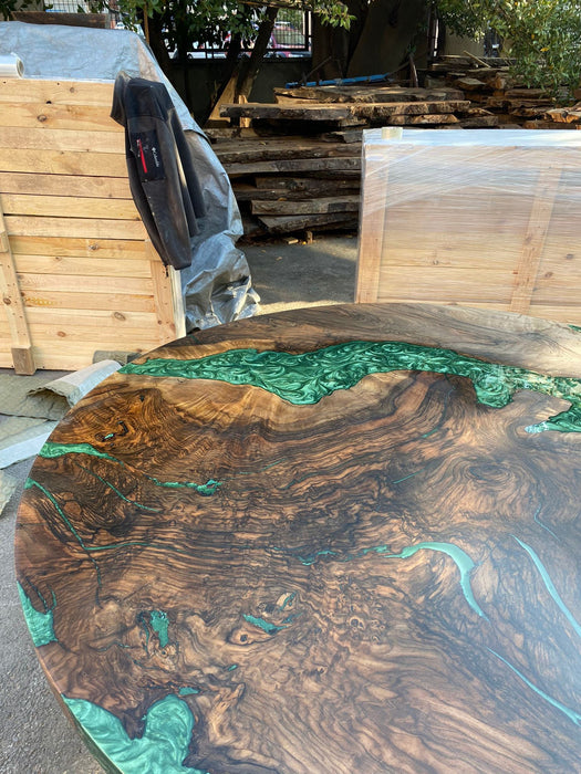 Round Dining Table, Custom 60” Diameter Round Walnut Wood Table, Emerald Green Epoxy Table, Epoxy Dining Table, Custom vOrder for Lai