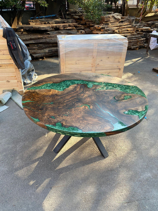 Round Dining Table, Custom 60” Diameter Round Walnut Wood Table, Emerald Green Epoxy Table, Epoxy Dining Table, Custom vOrder for Lai