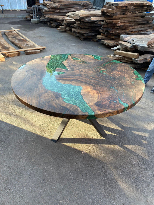 Round Dining Table, Custom 60” Diameter Round Walnut Wood Table, Emerald Green Epoxy Table, Epoxy Dining Table, Custom vOrder for Lai