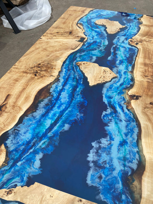 Live Edge Table, Custom 72” x 36” Poplar Wood Blue, Turquoise and White Waves Epoxy Dining Table, Lake, Africa, N/S Carolina for Carmelita