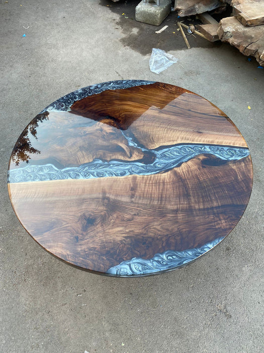 Unique Coffee Table, Handmade Coffee Table, Custom 50” Diameter Round Table, Walnut Wood Shiny Metallic Gray Epoxy Table, Order for Danica