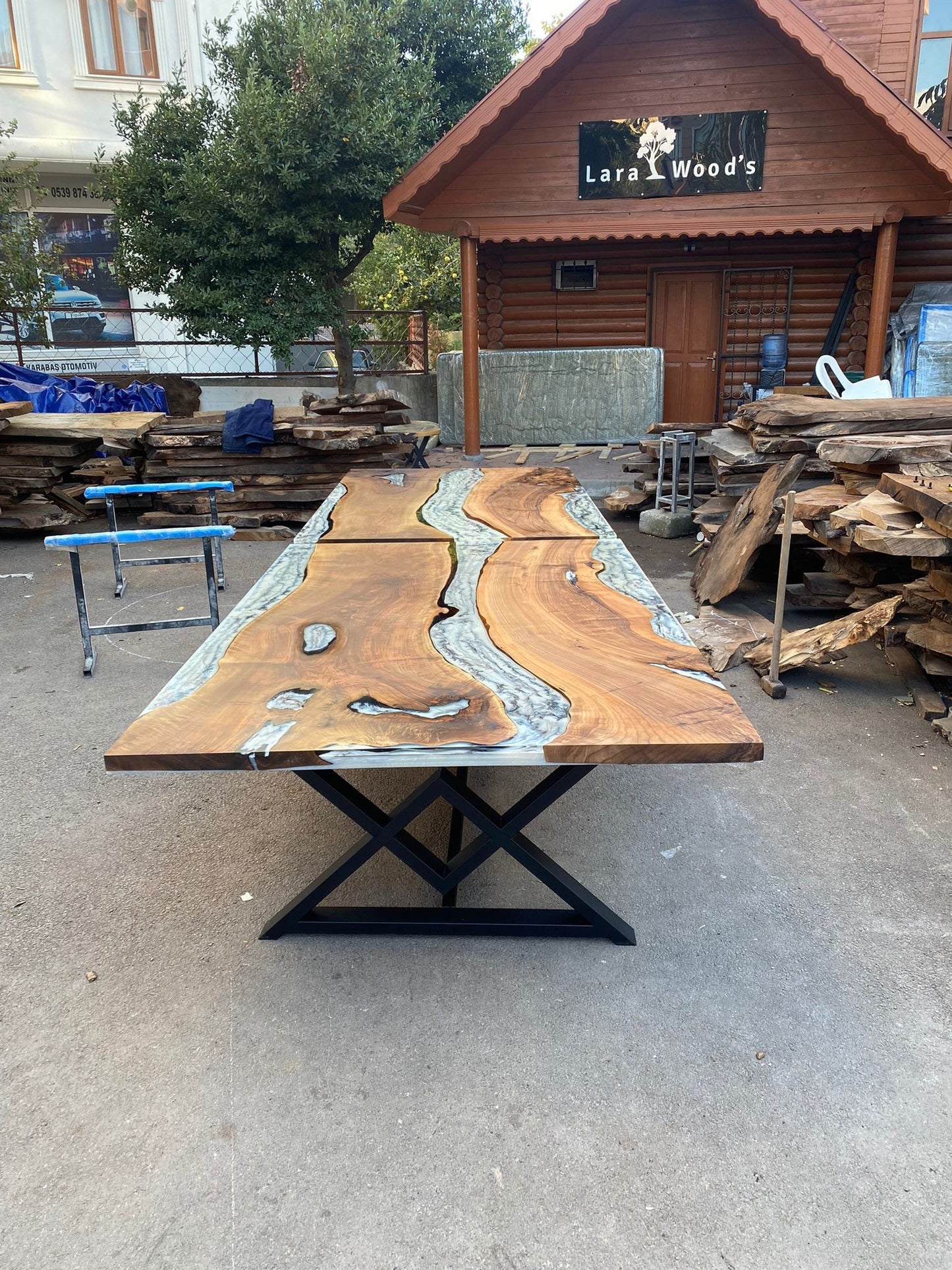 Epoxy Marble Table, Conference Table, Custom 180” x 60” Walnut Wood Gray Marble Table, Epoxy Conference Table, Wooden Table, for Sarah 2