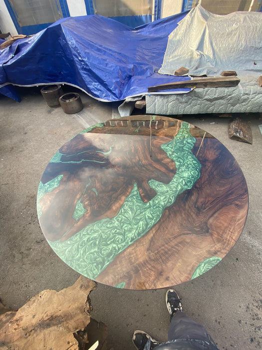 Epoxy Dining Table, Epoxy Resin Table, Custom 60” Diameter Round Walnut Table, Green Epoxy Shiny Dining Table, Custom Order for Laina