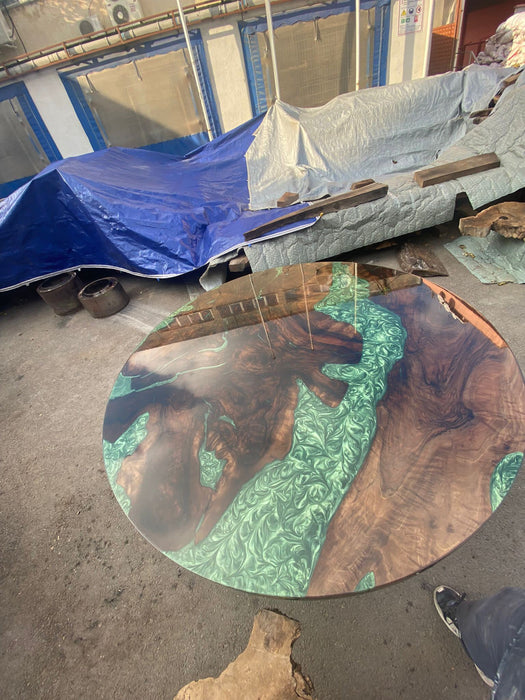 Epoxy Dining Table, Epoxy Resin Table, Custom 60” Diameter Round Walnut Table, Green Epoxy Shiny Dining Table, Custom Order for Laina