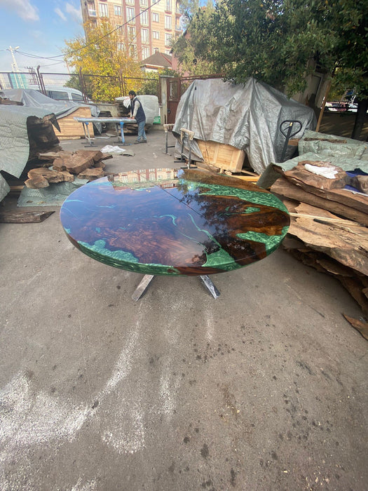 Epoxy Dining Table, Epoxy Resin Table, Custom 60” Diameter Round Walnut Table, Green Epoxy Shiny Dining Table, Custom Order for Laina