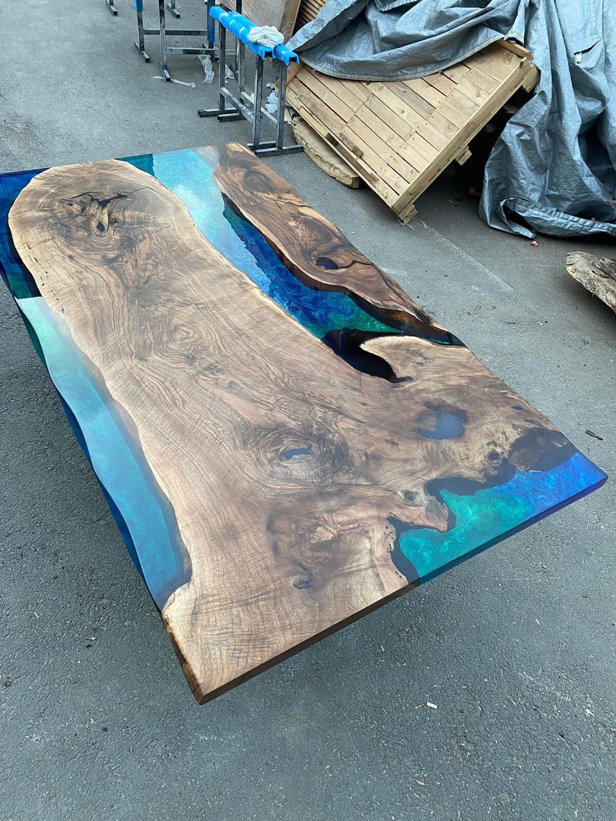 Handmade Epoxy Table, Epoxy Dining Table, Epoxy Resin Table, Custom 90” x 50” Walnut Blue, Turquoise, Green Epoxy Dining Table for Suzanne V