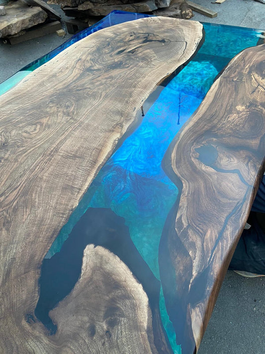 Handmade Epoxy Table, Epoxy Dining Table, Epoxy Resin Table, Custom 90” x 50” Walnut Blue, Turquoise, Green Epoxy Dining Table for Suzanne V