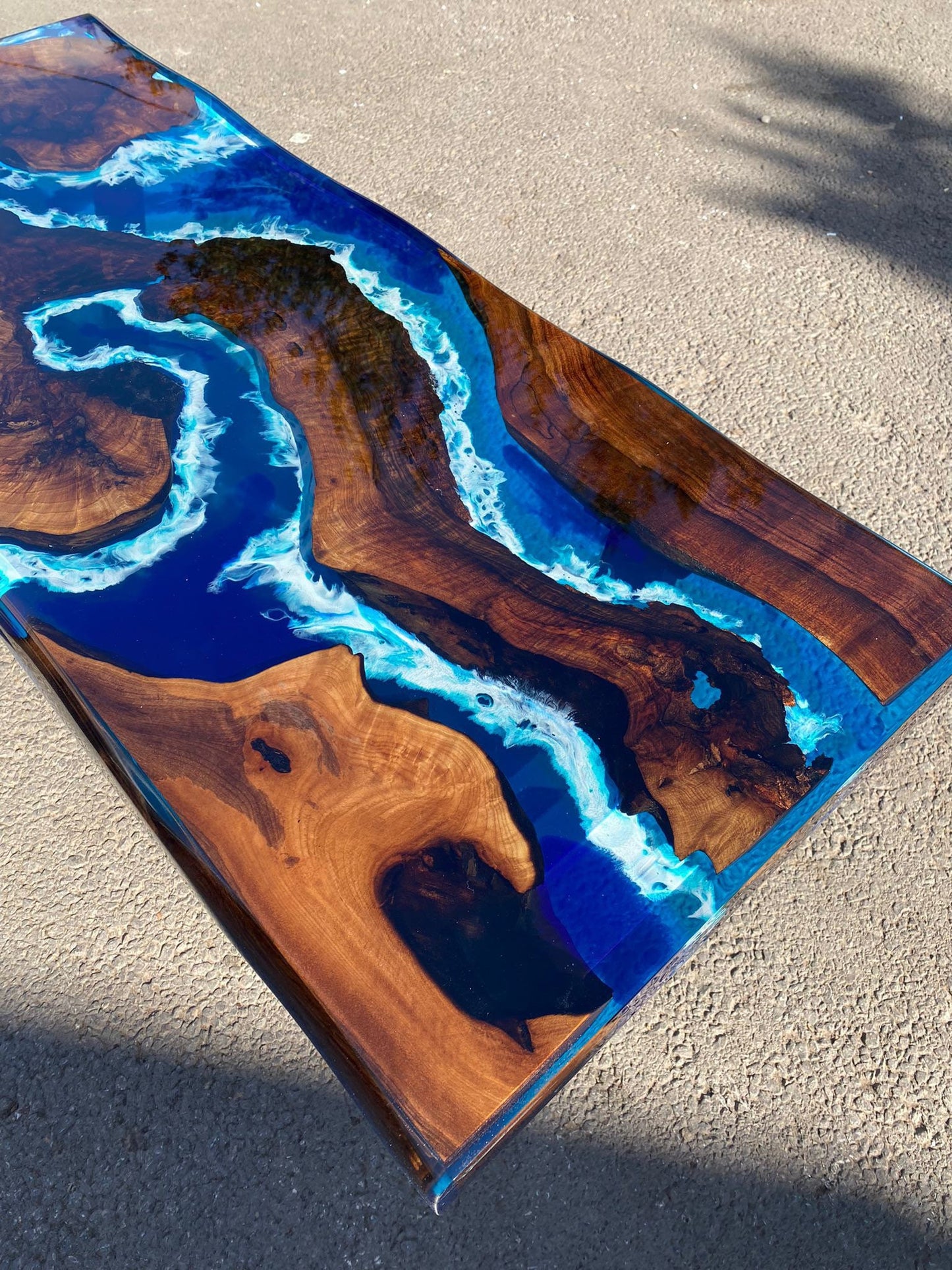 Live Edge Table, Custom 42” x 16” Walnut Ocean Blue, Turquoise White Waves Epoxy Table, Epoxy River Table, Live Edge Table Order for Kristin