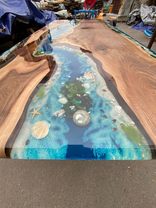 Ocean Table, Epoxy Dining Ocean Table, Custom 96” x 40” Walnut Wood Ocean Aquarium Theme Table, Epoxy River Table, Order for Arif M1