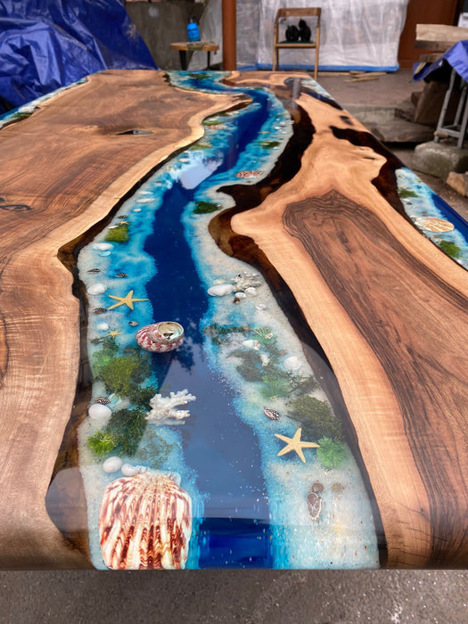 Handmade Epoxy Dining Table, Epoxy Resin Table, Custom 96” x 40” Walnut Wood Ocean Aquarium Theme Epoxy, River Table, Order for Arif M2