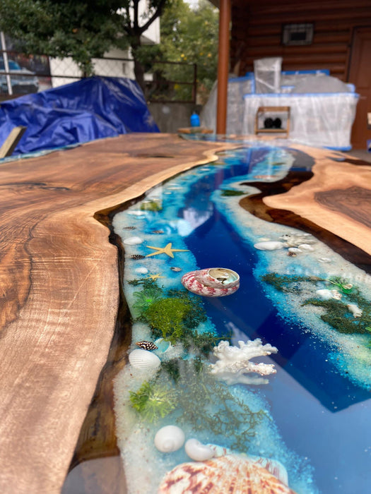 Handmade Epoxy Dining Table, Epoxy Resin Table, Custom 96” x 40” Walnut Wood Ocean Aquarium Theme Epoxy, River Table, Order for Arif M2