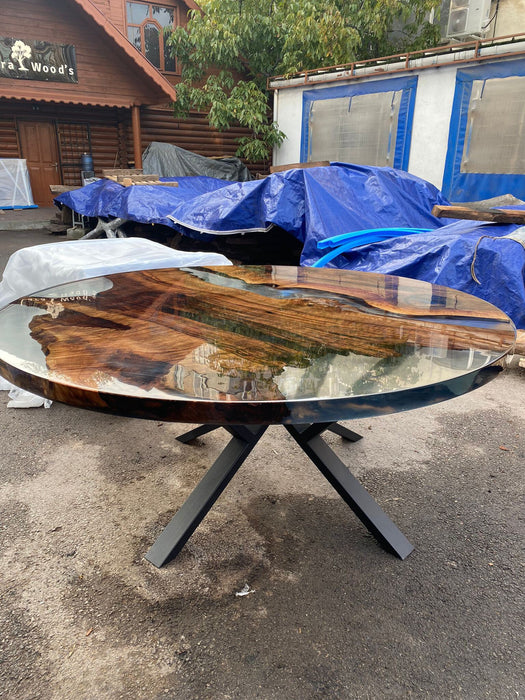 Round Dining Table, Epoxy Table, Epoxy Dining Table, Custom 65” Diameter Round Table, Walnut Wood Table, Shiny Clear Epoxy Table Order Tampa