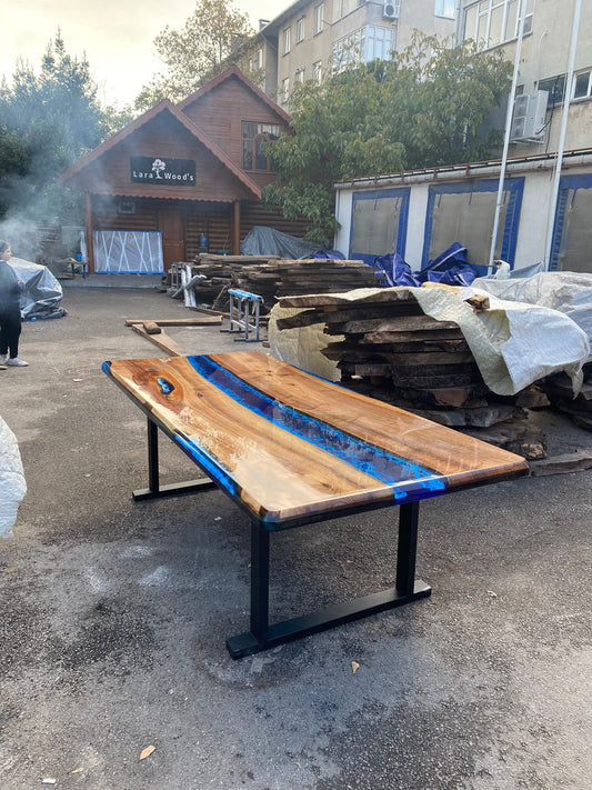 Epoxy Dining Table, Epoxy Resin Table, Custom 96” x 42” Walnut Ocean and Royal Blue, Turquoise White Waves Epoxy Table, Order for Rachele