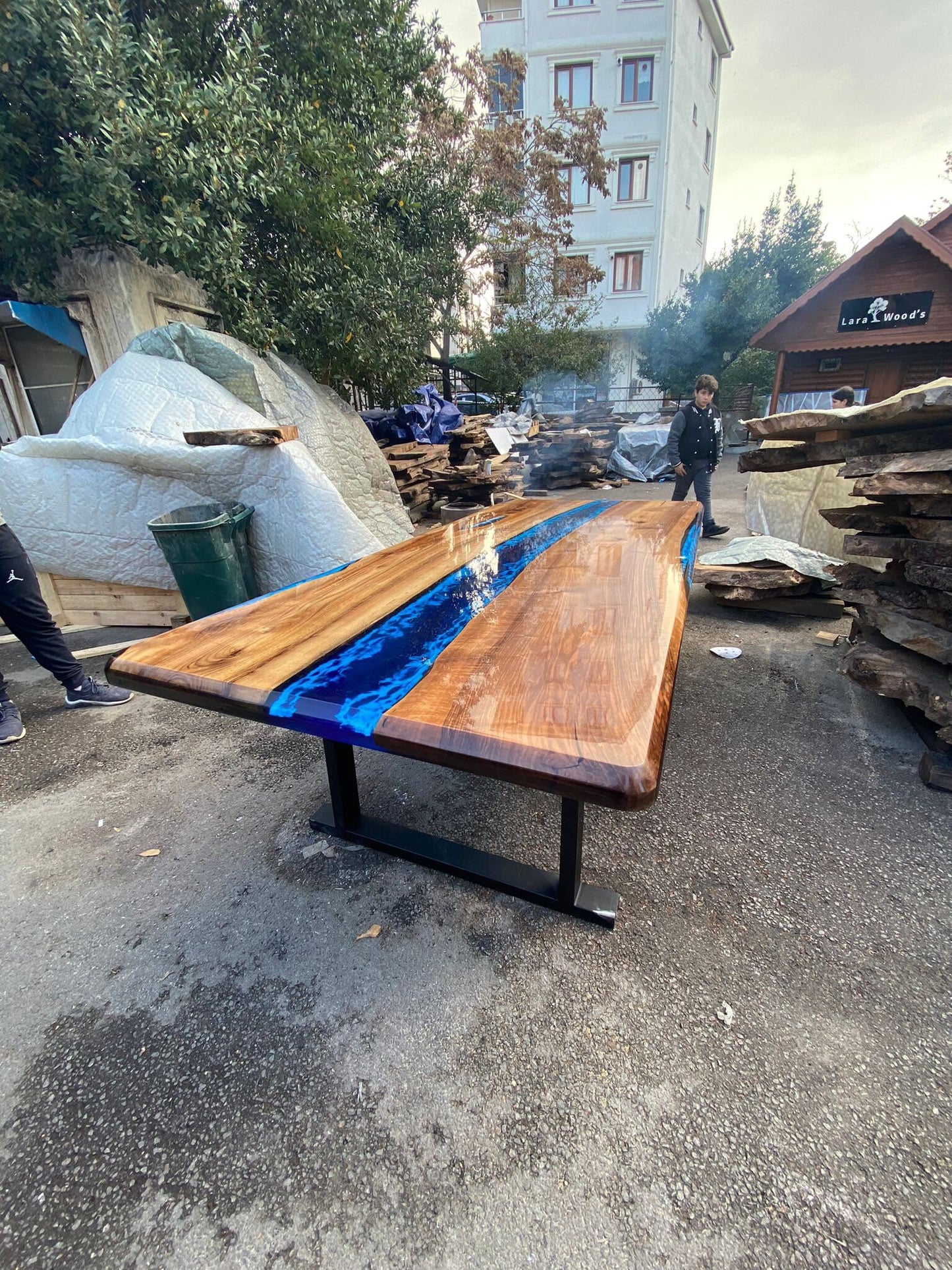 Epoxy Dining Table, Epoxy Resin Table, Custom 96” x 42” Walnut Shiny Royal Blue, Turquoise White Waves Epoxy Table, Order for Rachele