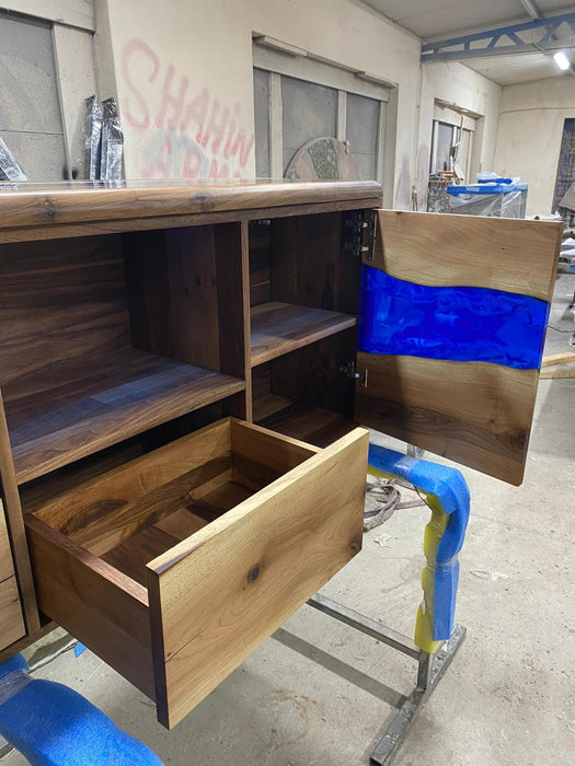 Custom 65” x 16” x 32” Epoxy Console, Walnut Blue Epoxy Resin Cabinet, Blue River Credenza, Walnut Credenza TV-Stand for Home for Leshea